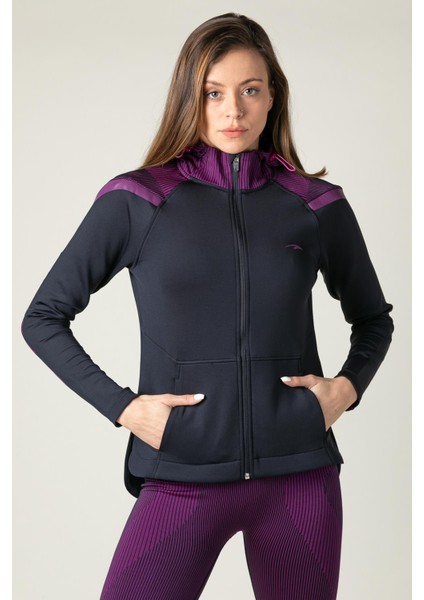 SlimFit Kadın Kapşonlu Uzun Kol Lacivert Tracktop 815015