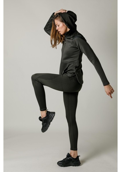 SlimFit Kadın Kapşonlu Uzun Kol Haki Tracktop 815015