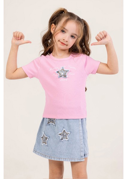 Yıldız Pul Detaylı Ribana Kısa Kol Tişört ve Şort Etek Bayramlık Özel Gün Kız Çocuk Takım