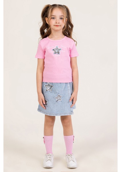 Yıldız Pul Detaylı Ribana Kısa Kol Tişört ve Şort Etek Bayramlık Özel Gün Kız Çocuk Takım modelleri