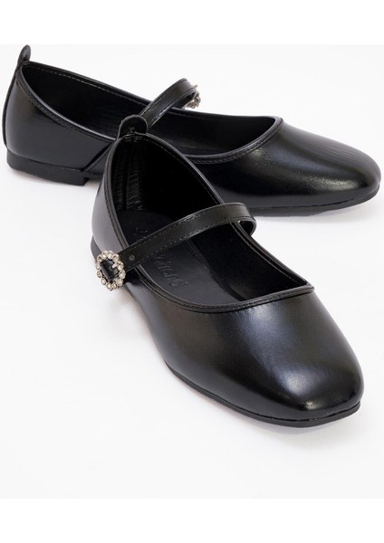 Kadın Kemerli Taşlı Küt Burunlu Babet SİYAH KIRIŞIK