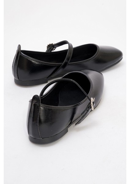 Kadın Kemerli Taşlı Küt Burunlu Babet SİYAH KIRIŞIK modelleri