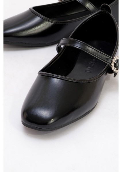 Kadın Kemerli Taşlı Küt Burunlu Babet SİYAH KIRIŞIK fırsatları