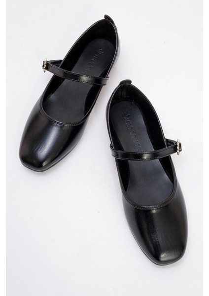 Kadın Kemerli Taşlı Küt Burunlu Babet SİYAH KIRIŞIK indirimleri