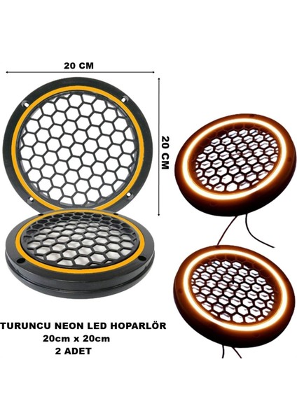 20X20 cm Neon LED Işıklı Midrange Hoparlör Kapağı Yuvarlak Çiftli (2 Adet) Turuncu Renk