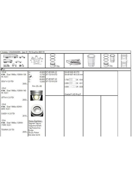 Iss 87-72518-STD Piston Segman Std Golf Vı Golf Vı 05- Jetta Iv Jetta Iv 03- Caddy Iıı Caddy Iıı 10- Touran 05- 2.0 Tdı