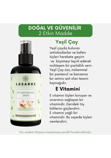 2 Adet Kedi Köpek Kolay Tarama Spreyi Kıtık Açıcı Tüy Dökümü Önleyici Yeşil Çay E Vitamini 250 ml