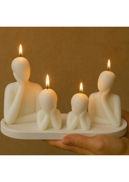 4'lü Aile Figürlü Dekoratif Mum Seti ve Sunum Tabağı - 5 Parça