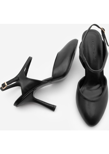 Kadın Stiletto Oval Burun Arkası Açık Atkılı Topuklu Ayakkabı Valfe