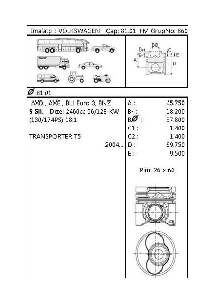 87-72180-STD Piston Segman Std Transporter T5 2.5 Tdı Axd Axe 3. 4. 5. Silindir 81.00MM