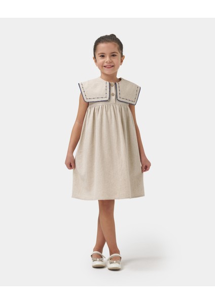 Kız Çocuk Yakası Nakışlı Yazlık Keten Yazlık Elbise