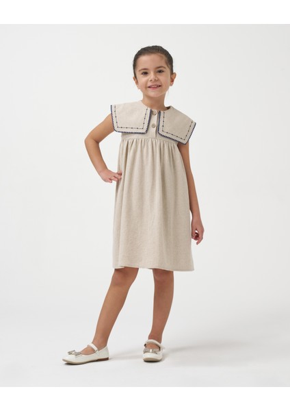 Kız Çocuk Yakası Nakışlı Yazlık Keten Yazlık Elbise fiyatları