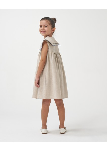 Kız Çocuk Yakası Nakışlı Yazlık Keten Yazlık Elbise modelleri