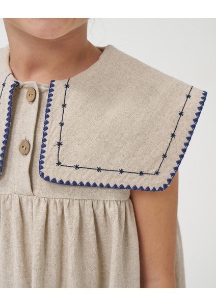 Kız Çocuk Yakası Nakışlı Yazlık Keten Yazlık Elbise fırsatları