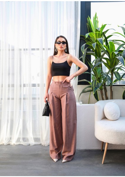 Kadın Düğme Detaylı Dökümlü Palazzo Pantolon