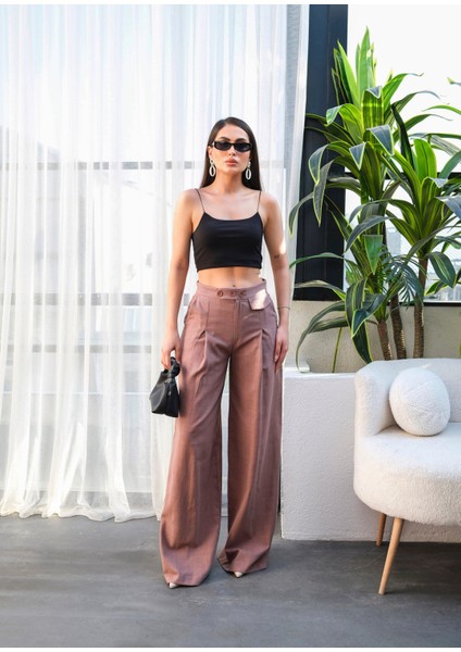 Kadın Düğme Detaylı Dökümlü Palazzo Pantolon modelleri