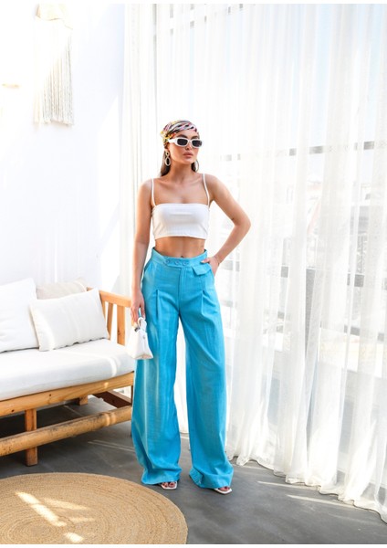 Kadın Düğme Detaylı Dökümlü Palazzo Pantolon