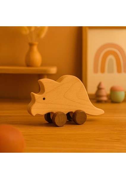 Ahşap El Yapımı Doğal Montessori Gergedan Tekerlekli Oyuncak - 5057 modelleri
