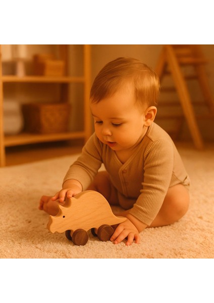 Ahşap El Yapımı Doğal Montessori Gergedan Tekerlekli Oyuncak - 5057 fırsatları