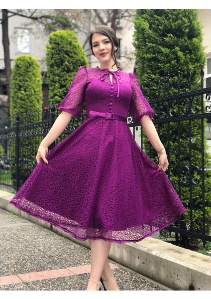 Kadın Güpür Dantel Karpuz Kol Kemerli Elbise