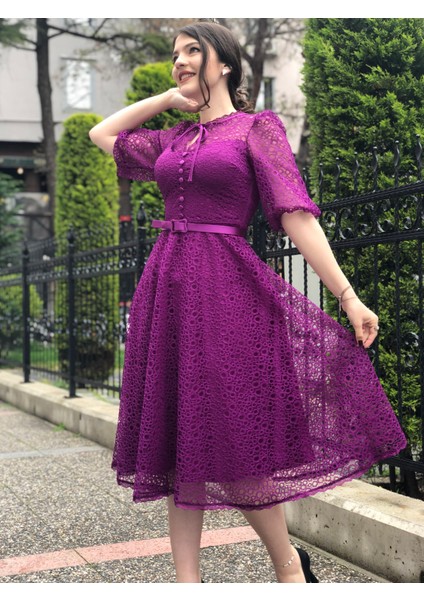 Kadın Güpür Dantel Karpuz Kol Kemerli Elbise fiyatları