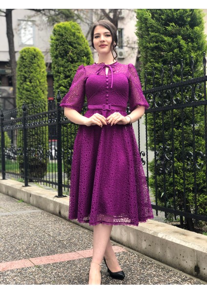 Kadın Güpür Dantel Karpuz Kol Kemerli Elbise modelleri