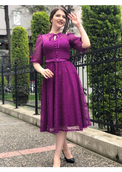 Kadın Güpür Dantel Karpuz Kol Kemerli Elbise fırsatları