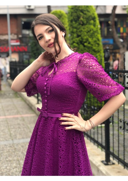 Kadın Güpür Dantel Karpuz Kol Kemerli Elbise indirimleri