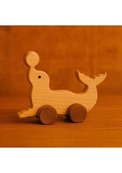 Ahşap El Yapımı Doğal Montessori Yunus Balığı Tekerlekli Oyuncak - 5053