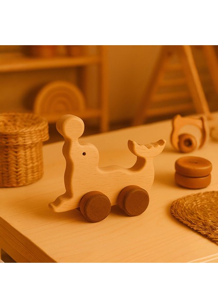 Ahşap El Yapımı Doğal Montessori Yunus Balığı Tekerlekli Oyuncak - 5053 modelleri