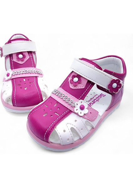Ortopedik Kız Bebek ve Çocuk Sandaleti KBTKL2407 Fuşya Beyaz 24