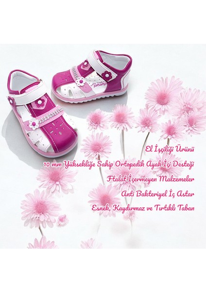 Ortopedik Kız Bebek ve Çocuk Sandaleti KBTKL2407 Fuşya Beyaz 24
