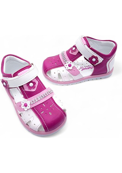 Ortopedik Kız Bebek ve Çocuk Sandaleti KBTKL2407 Fuşya Beyaz 24