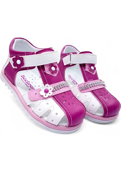 Ortopedik Kız Bebek ve Çocuk Sandaleti KBTKL2407 Fuşya Beyaz 24