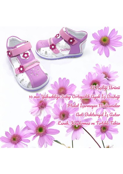 Ortopedik Kız Bebek ve Çocuk Sandaleti KBTKL2407 Lila Beyaz Pembe 22
