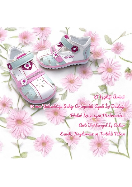 Ortopedik Kız Bebek ve Çocuk Sandaleti KBTKL2407 Beyaz Yeşil Pembe 23