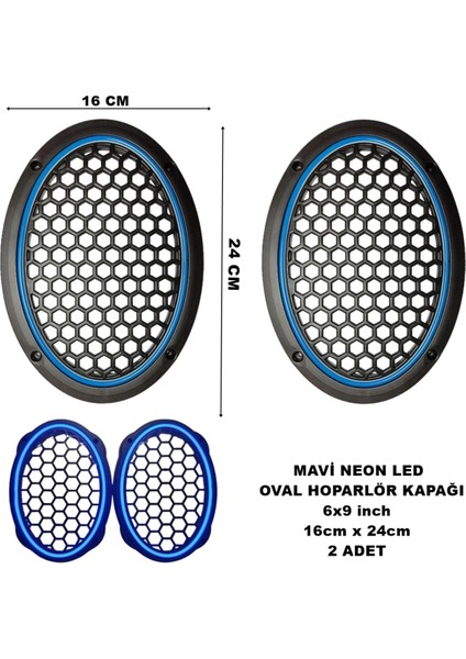 16X24 cm 6x9 Inch Neon LED Işıklı Midrange Oval Hoparlör Kapağı Çiftli (2 Adet) Mavi Renk