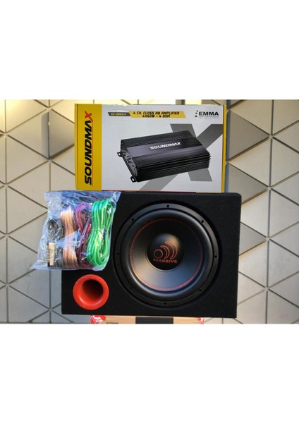 Massive MS-NEO12 30 cm Subwoofer Bas 1400W Çift Bobin + 4kanal 3000W Amfi Kablotk. Kabin