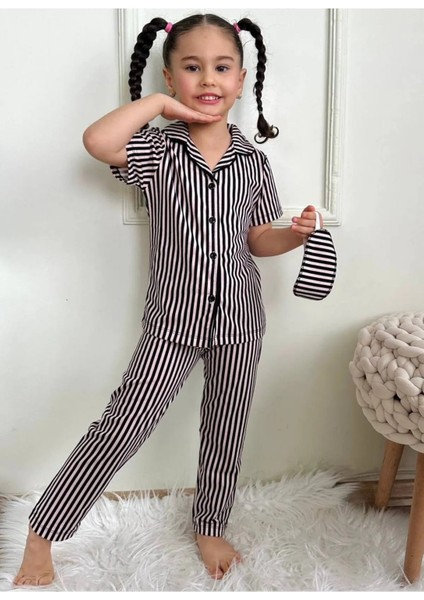 Kız Çocuk Pijama Takımı. Uzun Kollu Düğmeli Pijama Takımı. Uyku Göz Bantlı Pijama Takım