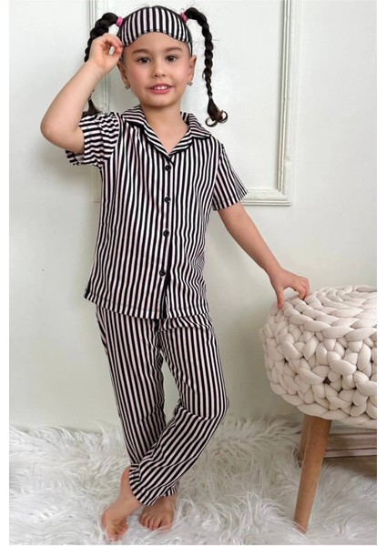 Kız Çocuk Pijama Takımı. Uzun Kollu Düğmeli Pijama Takımı. Uyku Göz Bantlı Pijama Takım