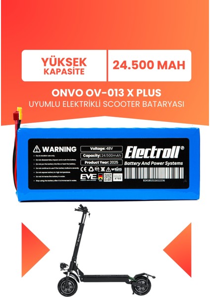 Onvo Ov-013 X Plus (Yüksek Kapasite) Batarya 48v 24.5ah Pil Elektrikli Scooter Bataryası