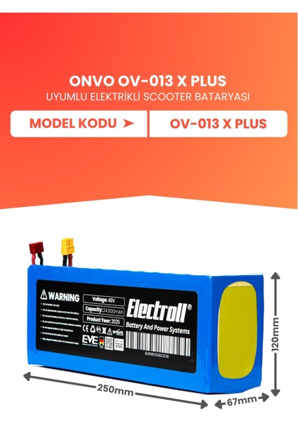 Onvo Ov-013 X Plus (Yüksek Kapasite) Batarya 48v 24.5ah Pil Elektrikli Scooter Bataryası
