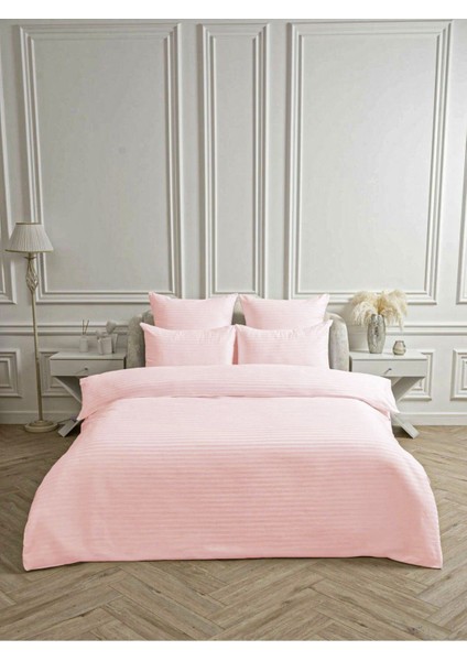 Line Pembe Pamuk Saten Çift Kişilik Nevresim Takımı Lastiksiz Çarşaflı 4 Parça Set