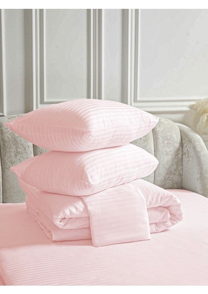 Line Pembe Pamuk Saten Çift Kişilik Nevresim Takımı Lastiksiz Çarşaflı 4 Parça Set