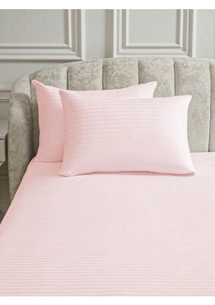 Line Pembe Pamuk Saten Çift Kişilik Nevresim Takımı Lastiksiz Çarşaflı 4 Parça Set