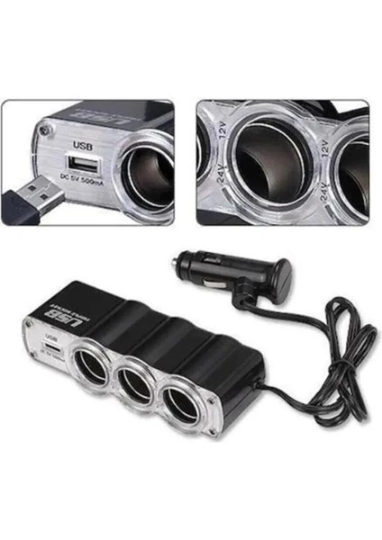 Maserati Bora Uyumlu 3 Port + 1 USB Oto Araç Çakmaklık Çoğaltıcı Çoklayıcı
