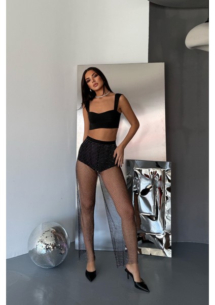 Kristal Taşlı Transparan Bol Pantolon