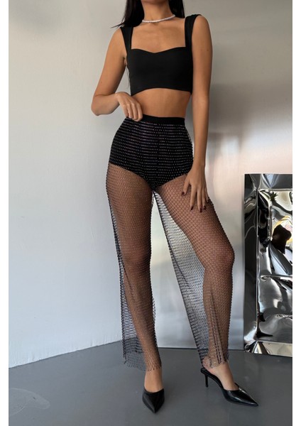 Kristal Taşlı Transparan Bol Pantolon