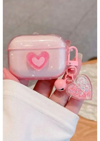 Apple AirPods 3. Nesil Uyumlu 3D Simli Pembe Kalpli Kopçalı Kulaklık Kılıfı