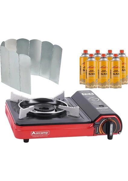 portatif kamp ocağı kırmızı + 9 kanatlı rüzgarlık + 7 evolite 227 gr gaz kartuşu evo-002-h6